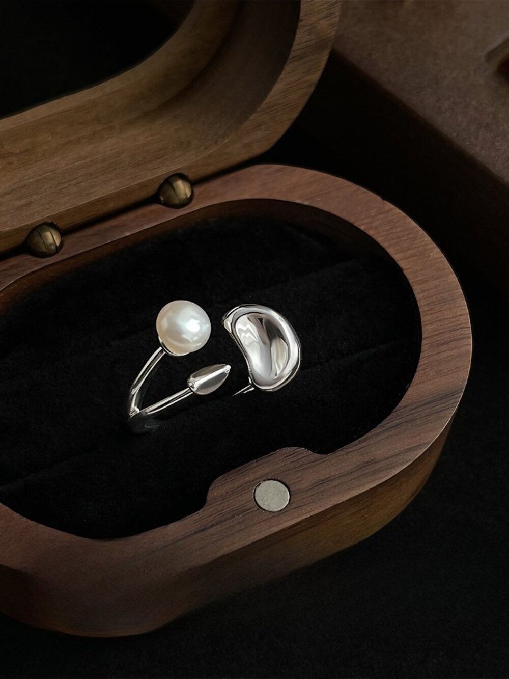 Silver Pearl Open Ring Adjustable Minimalist Ring Abstract Statement Ring Modern